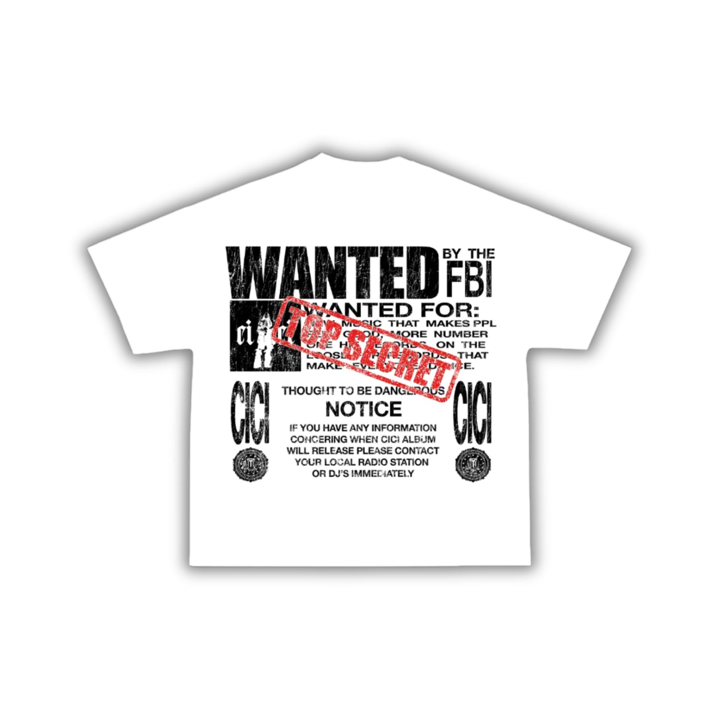 Back design of The Wanted Tee. White t-shirt with black and red text and graphics on a white background
