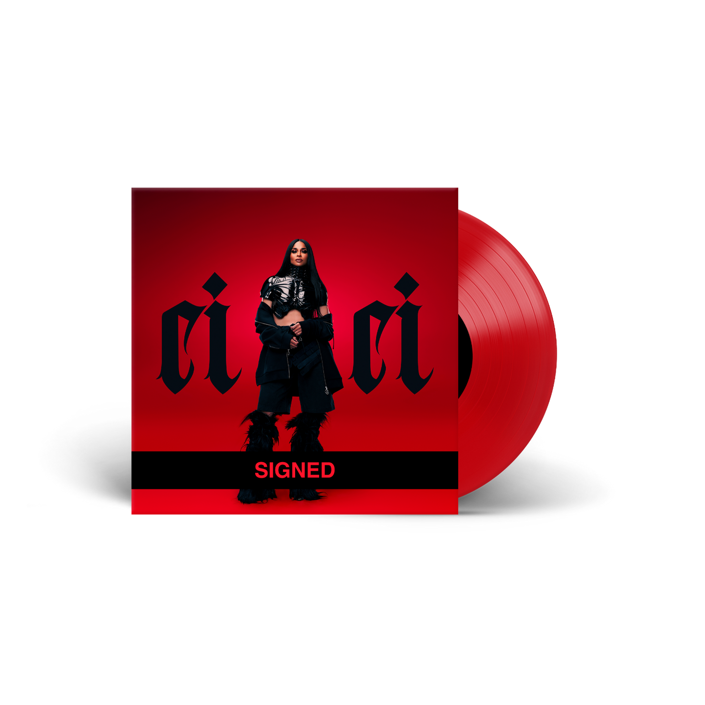 The image displays the limited-edition, signed red vinyl pressing of Ciara's album, CiCi (autographed).
Red vinyl record with Ciara in black attire on the cover against a red background.
