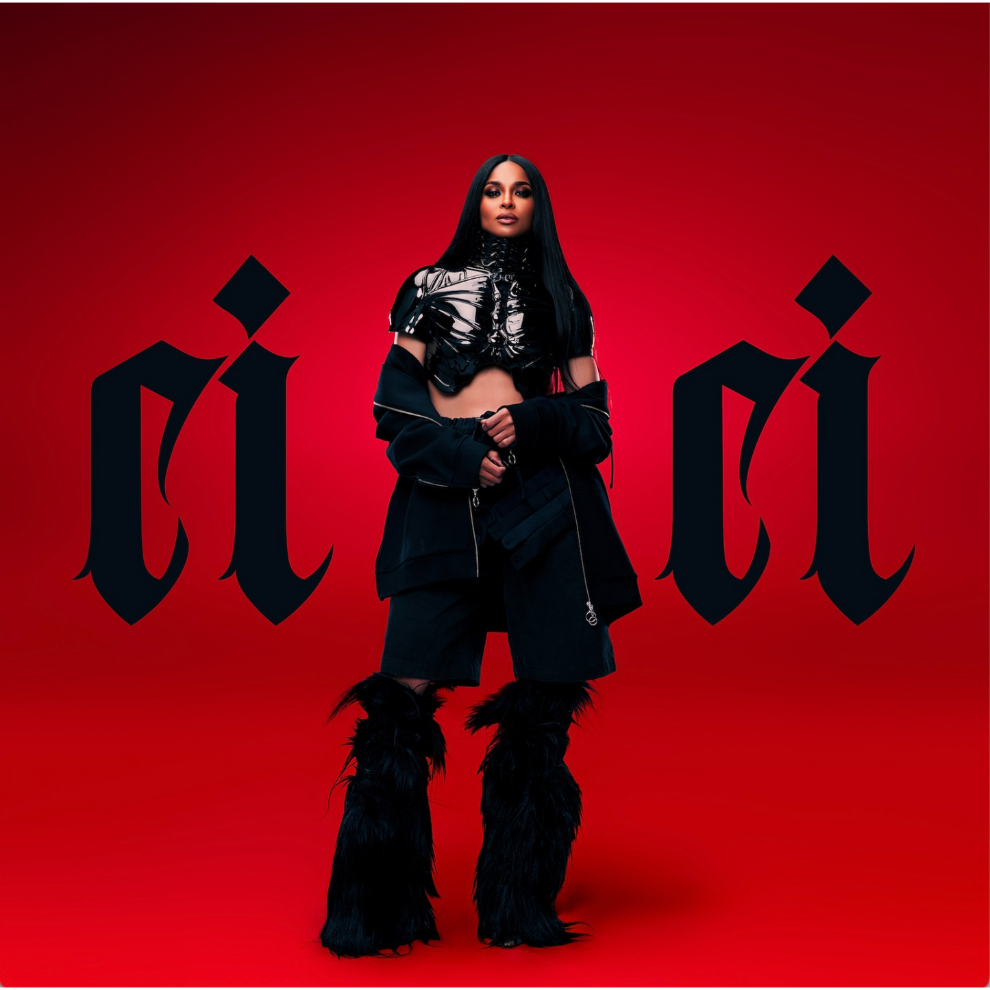 Ciara in black outfit with high boots on a red background with 'cici' text