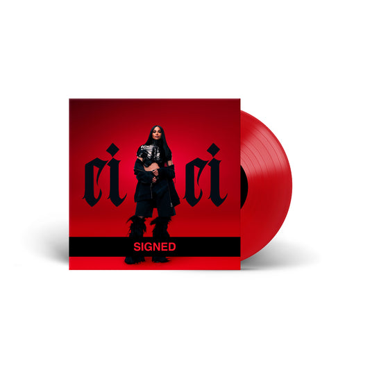 The image displays the limited-edition, signed red vinyl pressing of Ciara's album, CiCi (autographed).
Red vinyl record with Ciara in black attire on the cover against a red background
