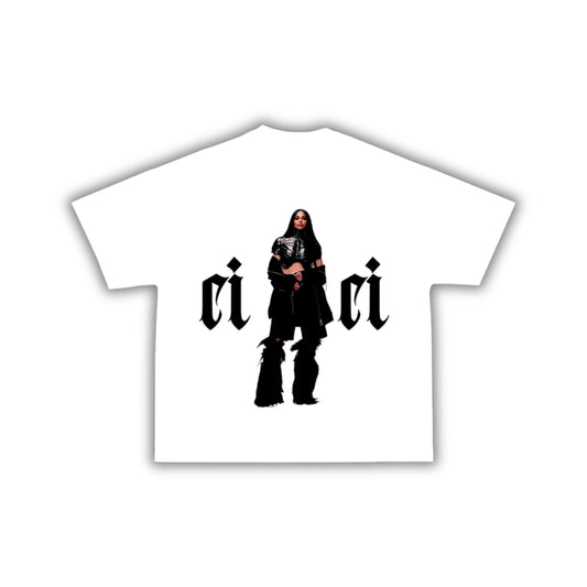 Front design of The Wanted Tee. White t-shirt with a graphic of Ciara and 'cici' text on a white background