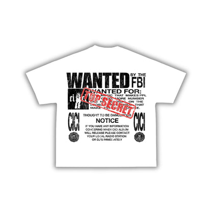 Back design of The Wanted Tee. White t-shirt with black and red text and graphics on a white background