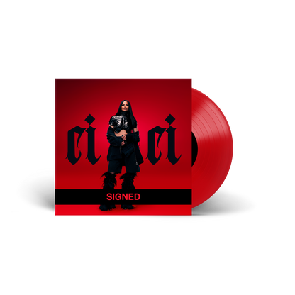 The image displays the limited-edition, signed red vinyl pressing of Ciara's album, CiCi (autographed).
Red vinyl record with Ciara in black attire on the cover against a red background.