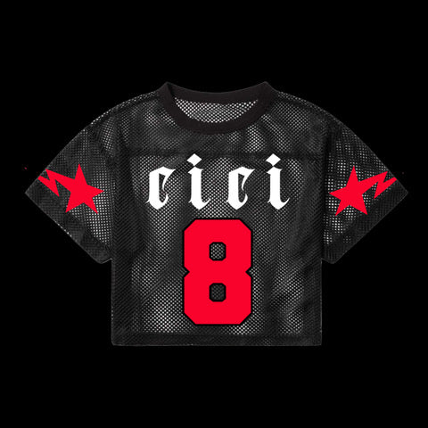 Black mesh crop jersey with red accents and number '8' print in red and 'cici' print in white