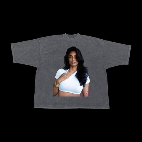 Gray t-shirt with a graphic of Ciara in a white top