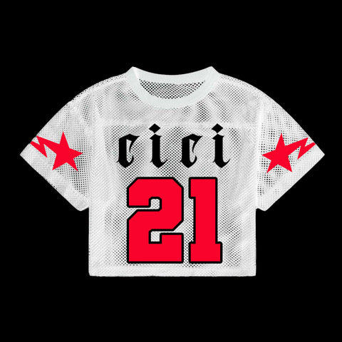 White mesh crop jersey with red accents and 'cici' and number '21' print